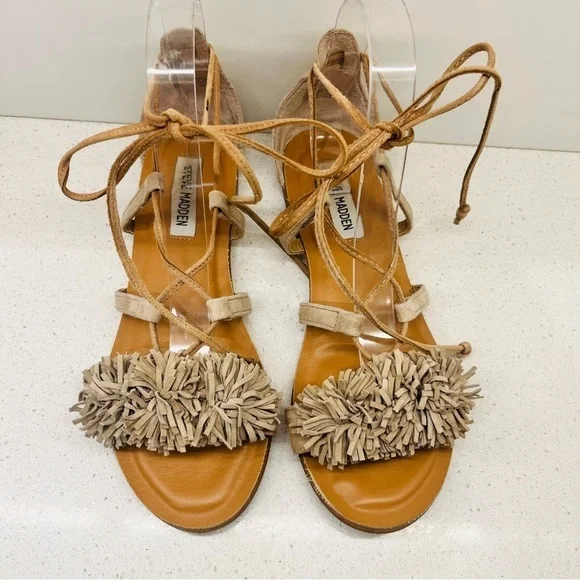 Steve Madden Swizzle Flat Sandals Natural Suede Leather Lace Up Gladiator Sz 7.5 - Picture 3 of 15